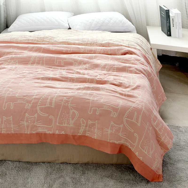 DecorBites™ Cartoon Cat Bamboo Cotton Throw Blanket - Lightweight 4-Layer Knit Woven Blanket