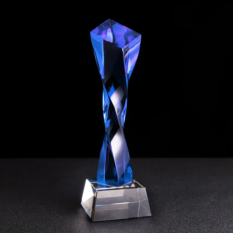 DecorBites™ Blue Glass Twisted Column Trophy - Customize Competition Prize