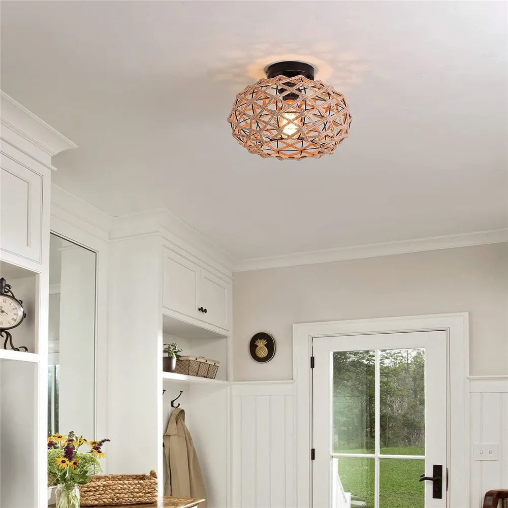 DecorBites™ Hemp Rope Cage Ceiling Light Fixture for Farmhouse Decor