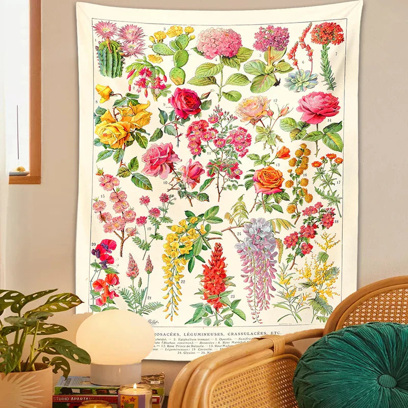 DecorBites™ Botanical Floral Tapestry Wall Hanging Garden Flower Illustration Cactus Boho Hippie Dorm Decor