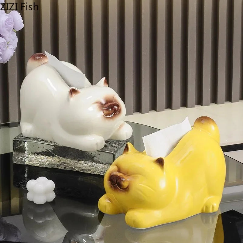 DecorBites™ Cartoon Siamese Kitten Ceramic Tissue Box for Coffee Table and Desk