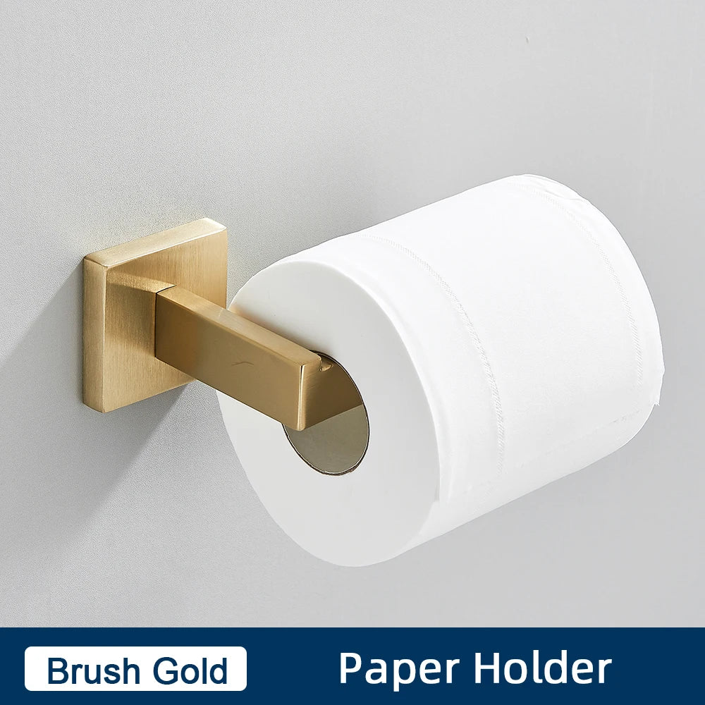 DecorBites™ Black Stainless Steel Bathroom Accessories Set: Towel Bar, Paper Holder, Hook & Bath Rack