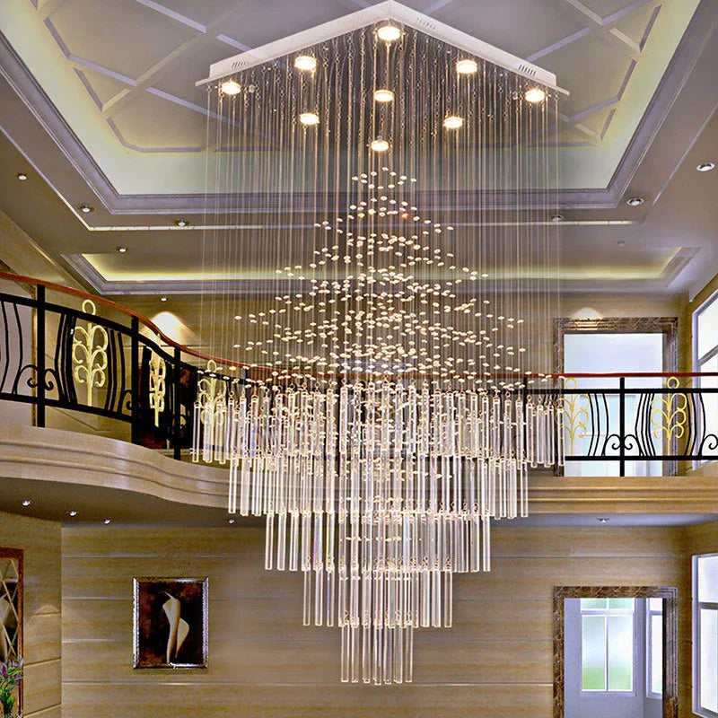 DecorBites™ Crystal Columnar Chandelier: Modern Square Base Hanging Lamp for Living Room, Stair, Loft