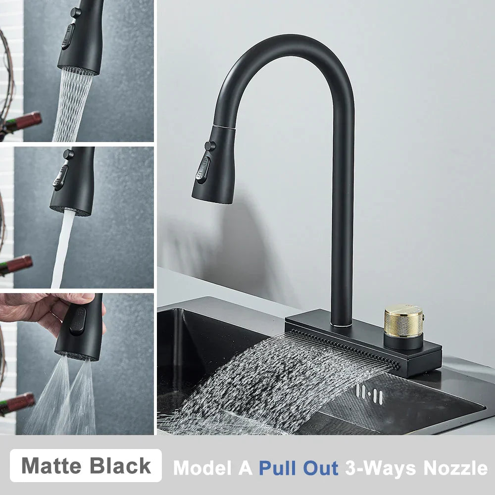 DecorBites™ Black Rainwater Kitchen Faucet Flexible Pull Out 3 Way Nozzle Mixer Tap