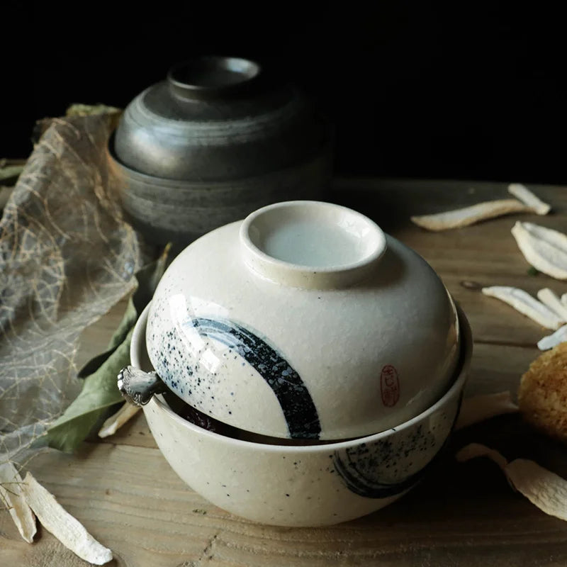 DecorBites™ Japanese Ceramic Ramen Bowl Set - Noodle Soup & Rice Bowl with Lid
