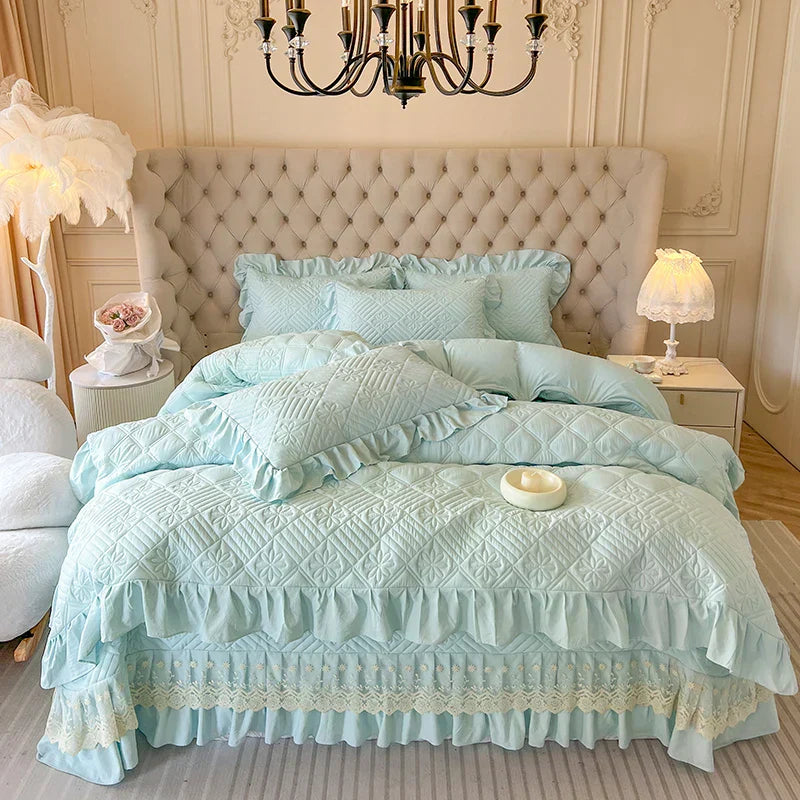 DecorBites™ Korean Princess Style Quilted Bedding Set with Lace Ruffles 200x230cm