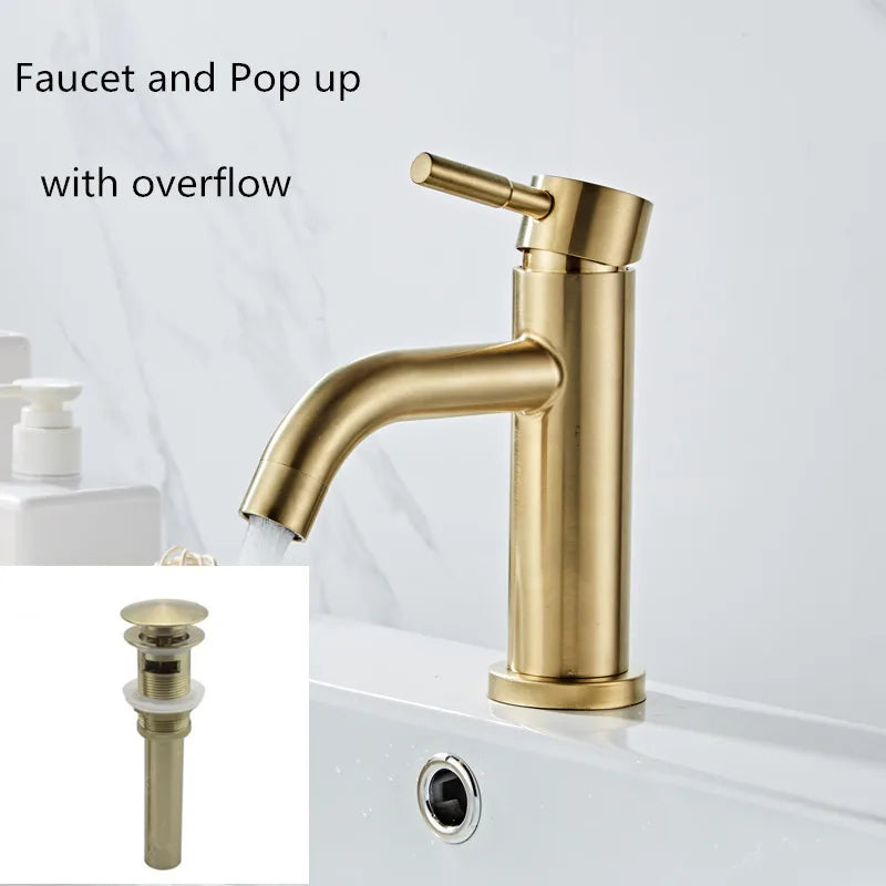 DecorBites™ Brushed Gold Basin Faucet: Solid Brass, Cold Hot Water Mixer, Single Handle
