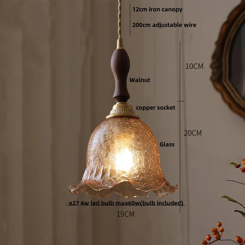 DecorBites™ Amber Glass LED Pendant Lamp Walnut Wood Copper Hanging Light