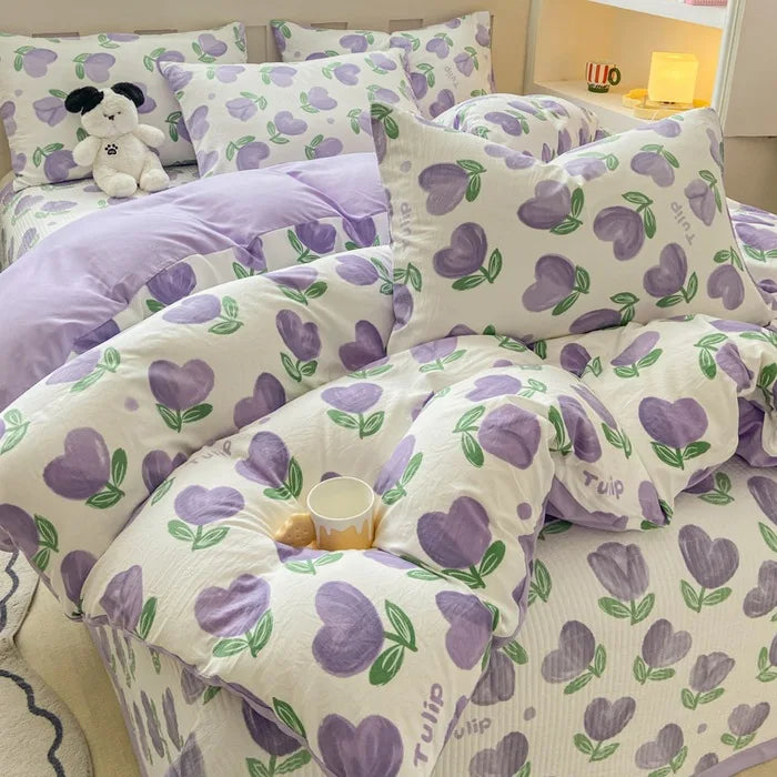 DecorBites™ Cartoon Cat Floral Duvet Cover Set - Pink Kids Girls Bedroom Decor