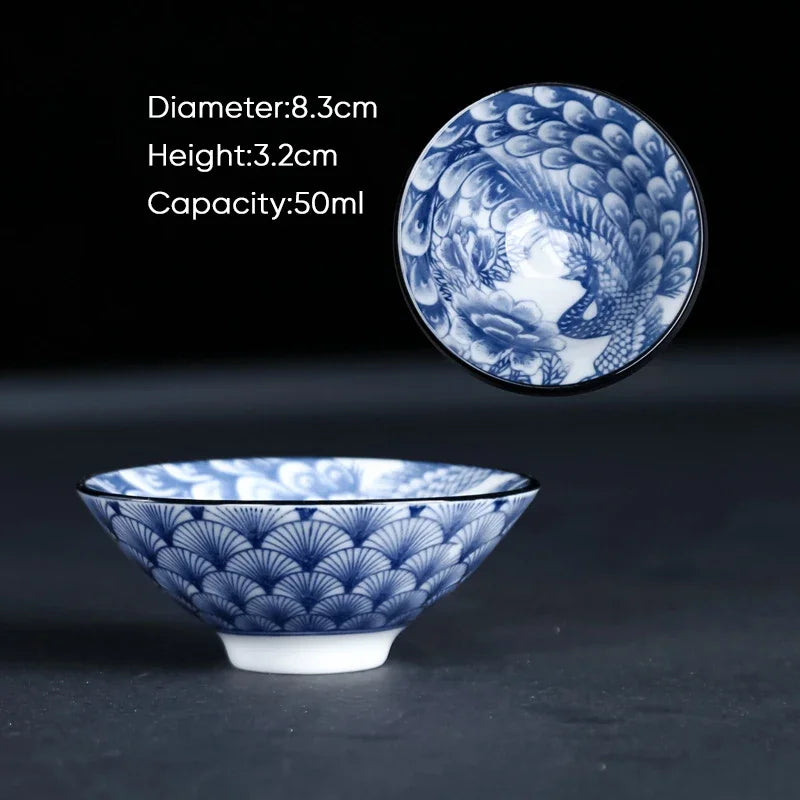 DecorBites™ Blue & White Ceramic Kung Fu Tea Cup, Japanese Style Porcelain Sake Espresso Mug