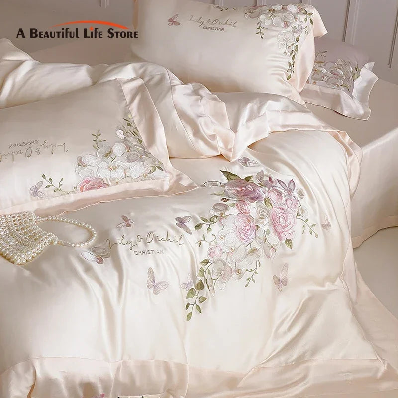 DecorBites™ Butterfly Flowers Embroidery Bedding Set 800TC Soft Silky Duvet Cover Set