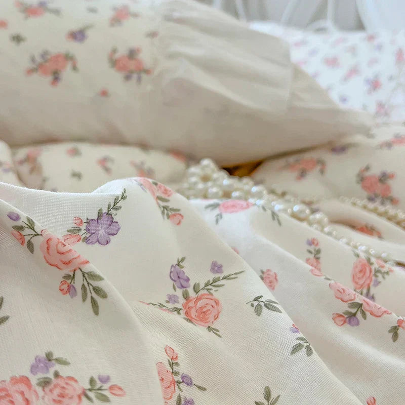 DecorBites™ Cotton Floral Print Bedding Set with Pleat Lace Ruffles, 4-Piece Ensemble