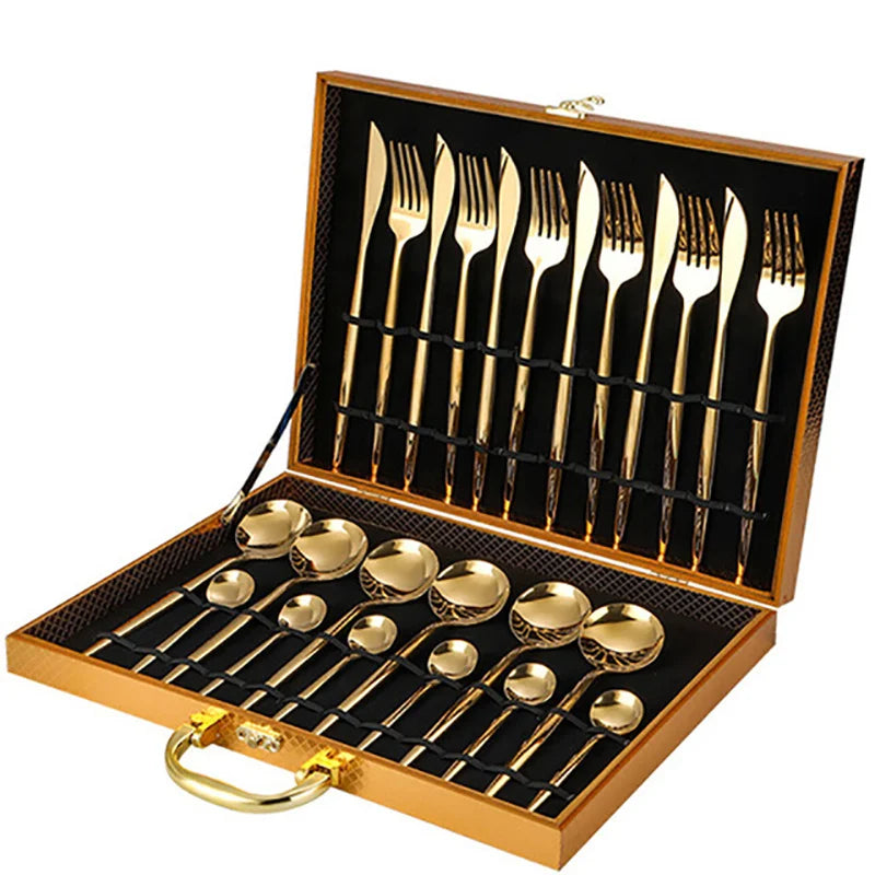 DecorBites™ 24-Piece Gold Stainless Steel Cutlery Set - Elegant Tableware Gift Box