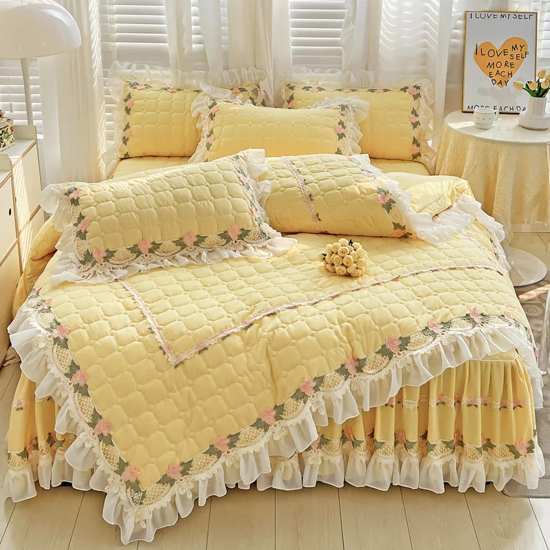 DecorBites™ Korean Princess Bedding Set: Flowers, Lace, Ruffles, Embroidery, Quilted, Duvet Cover, Bedspread