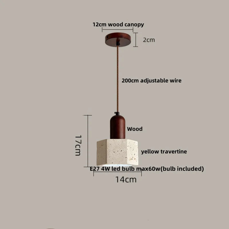 DecorBites™ LED Wood Canopy Pendant Lights Yellow Travertine Stone Hanging Lamp