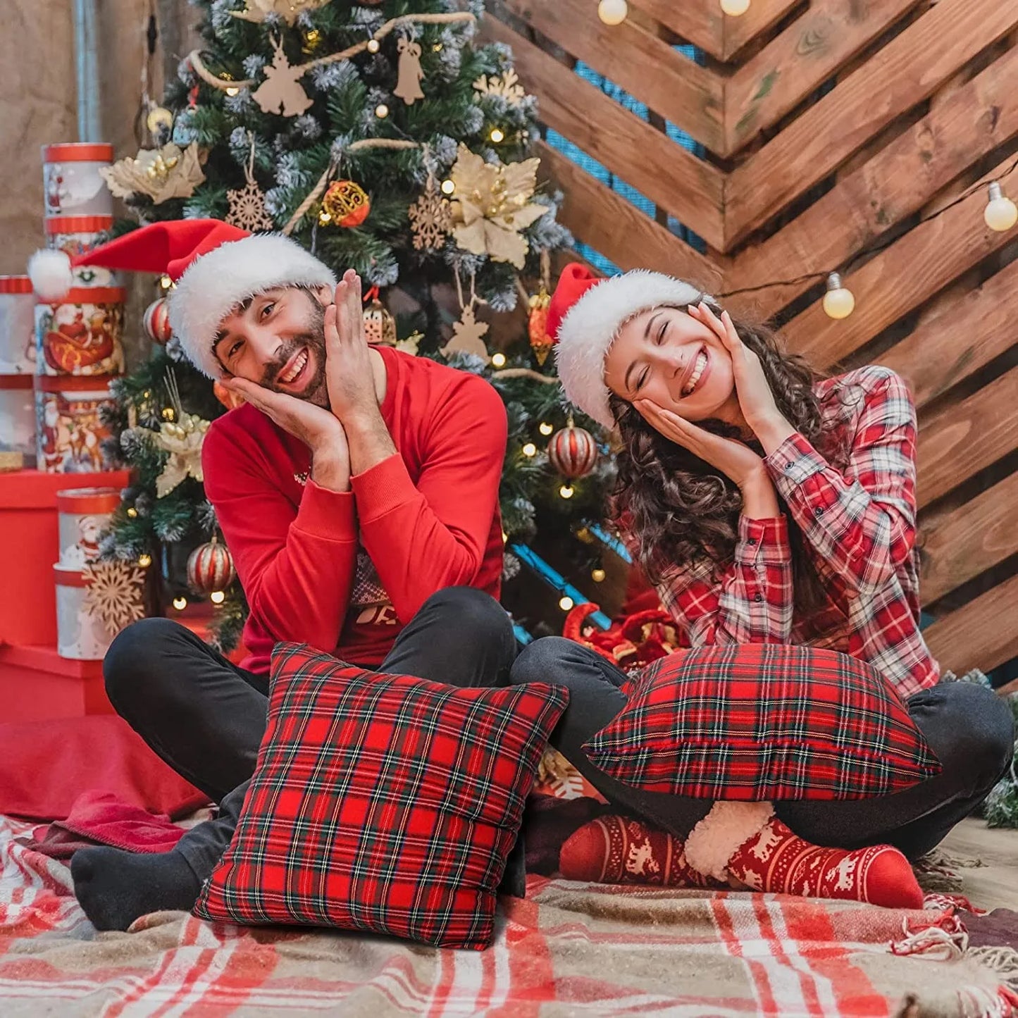 DecorBites™ Christmas Plaid Decorative Pillow Covers for Farmhouse Holiday Decor