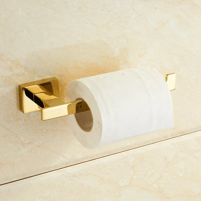 DecorBites™ Gold Brass Bathroom Hardware 4-Piece Set: Towel Bar, Towel Ring, Toilet Paper Holder, Robe Hook