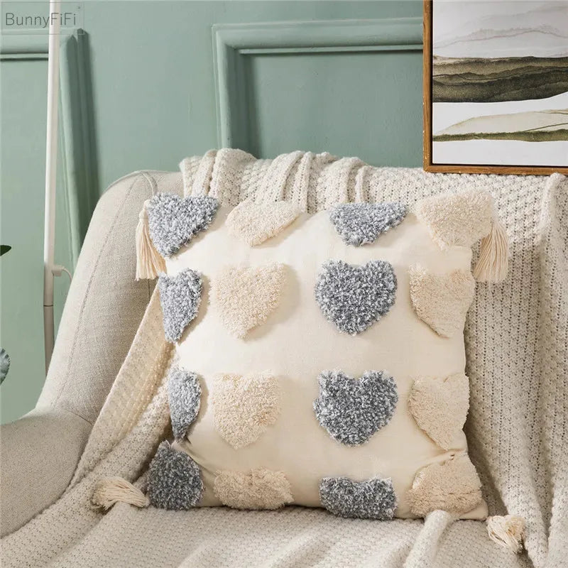 DecorBites™ Heart Embroidery Cushion Cover 45x45cm Orange Grey Geometric Pillowcase