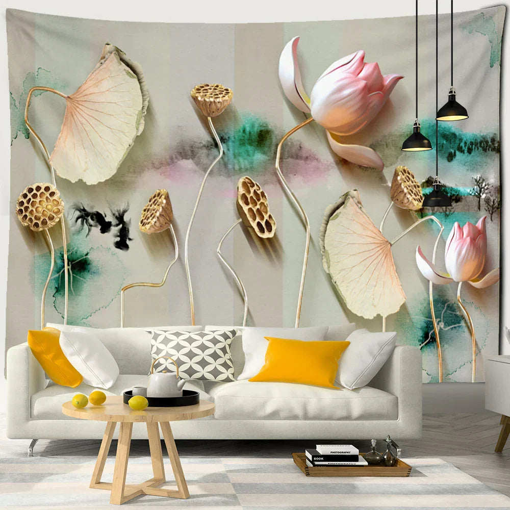 DecorBites™ Ink Lotus Koi Tapestry: Boho Aesthetic Psychedelic Room Art Hippie Decor