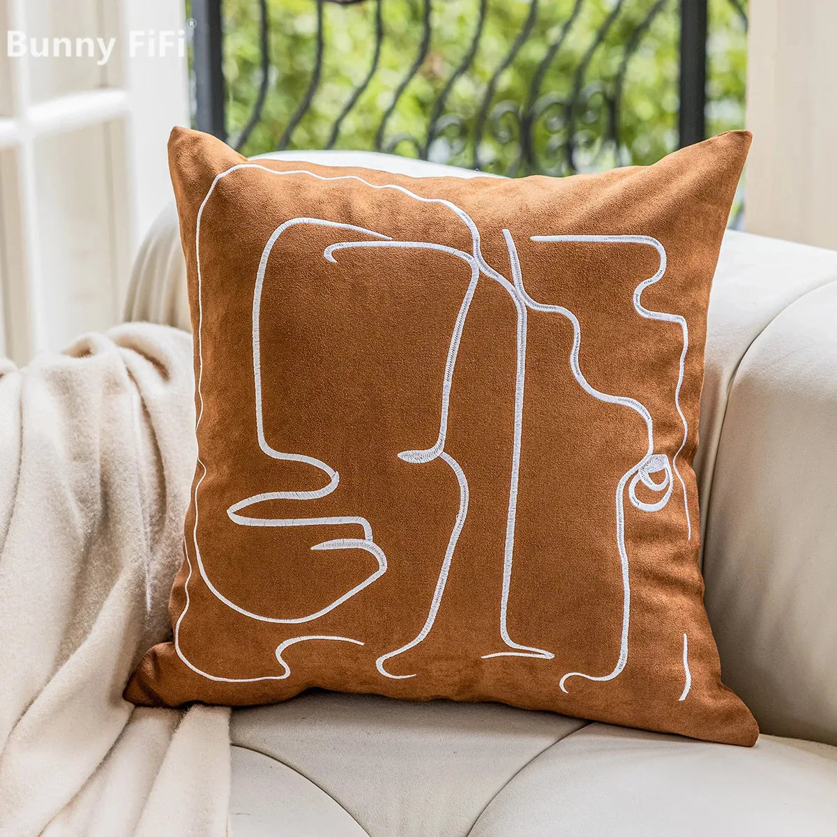 DecorBites™ Brown Geometric Embroidery Plush Cushion Cover, Nordic Luxury Home Decor Pillow Case
