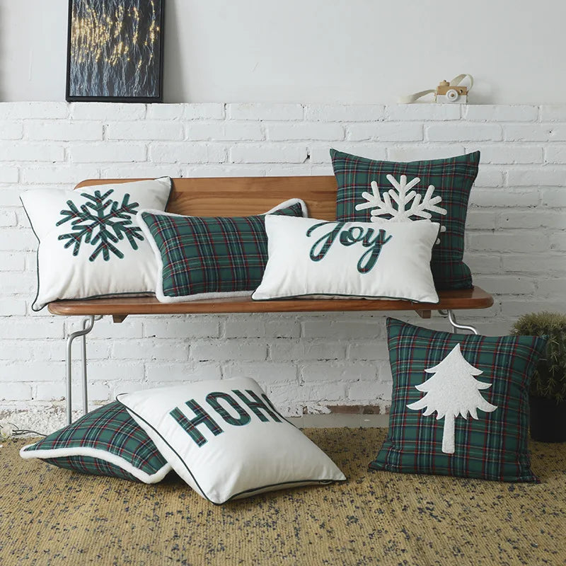 DecorBites™ Christmas Letter Embroidery Plaid Cushion Cover Set