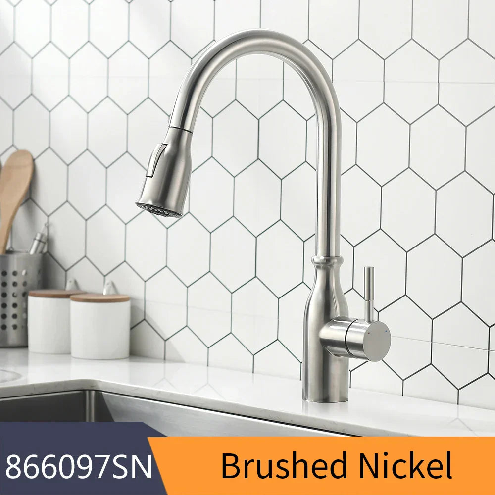 DecorBites™ Brass Spring Spout Kitchen Faucet with Single Lever Pull Down Mixer Tap