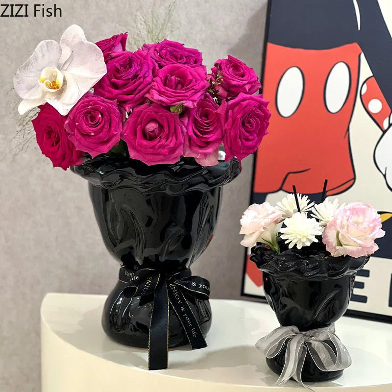 DecorBites™ Ceramic Vase with Artificial Flowers Bouquet for Desk and Room Decoration