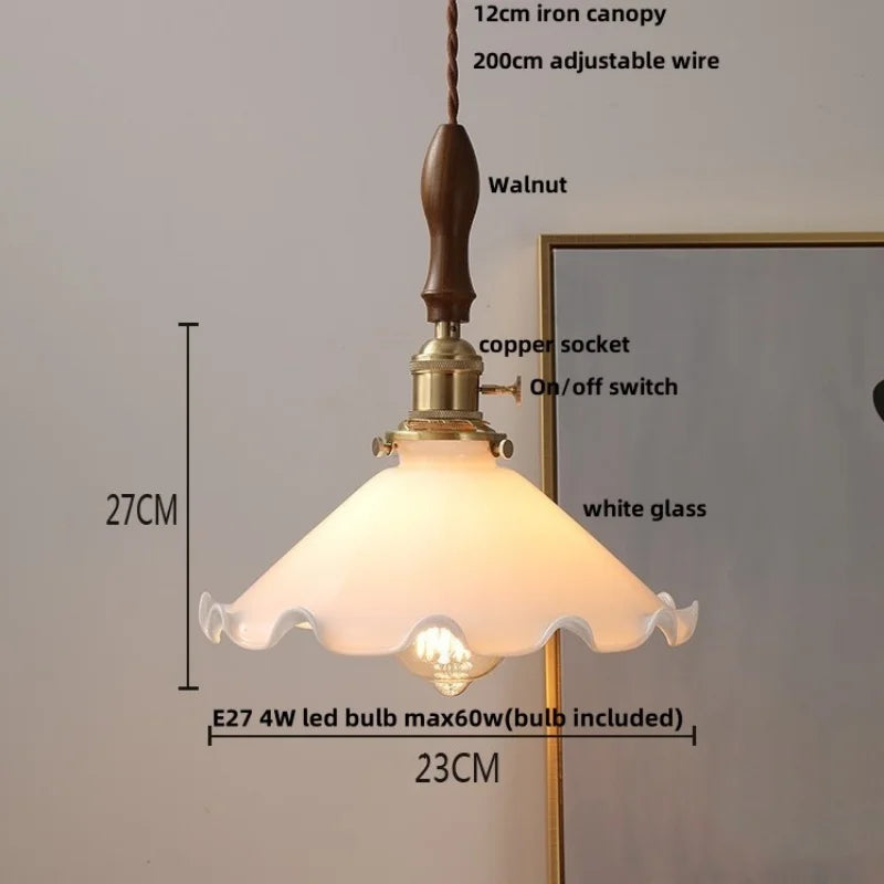 DecorBites™ White Glass LED Pendant Lights with Walnut Wood Details