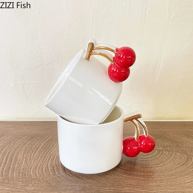 DecorBites™ Cherry Handle Mug: White Ceramic Tea & Coffee Cup for Dining Table