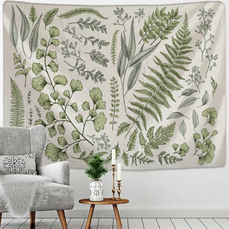 DecorBites™ Botanical Tapestry Wall Hanging Fern Leaves Boho Nature Aesthetic Room Decor