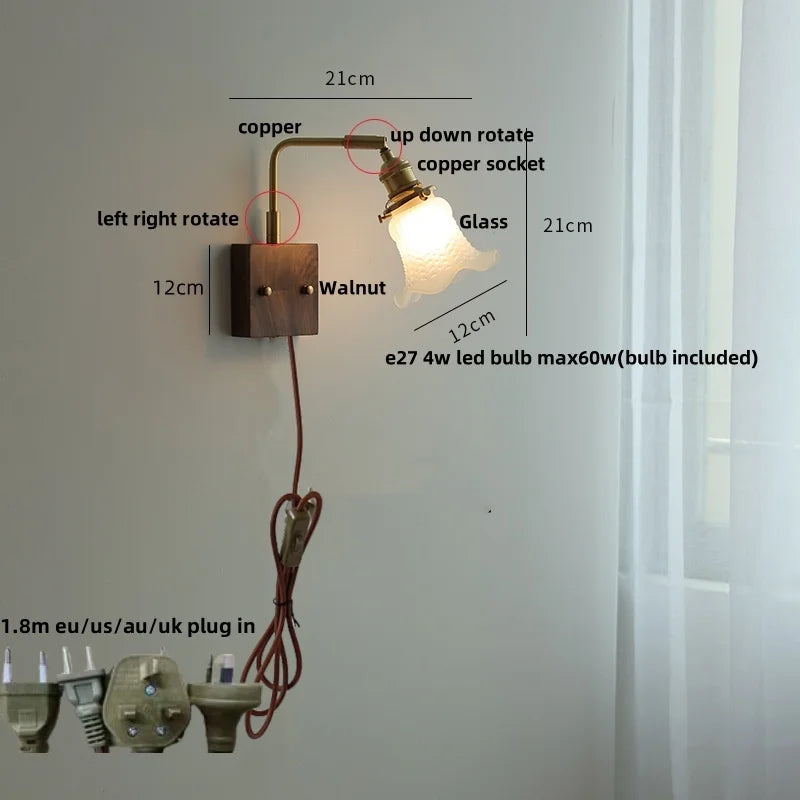 DecorBites™ Glass Pink LED Wall Sconce, Pull Chain Switch, Walnut Wood Bedside Lamp