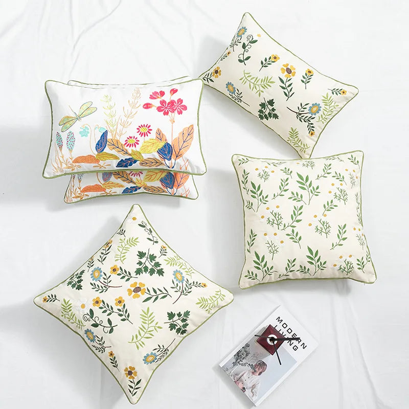 DecorBites™ Botanical Floral Embroidered Cushion Cover - Country Style Decorative Pillowcase