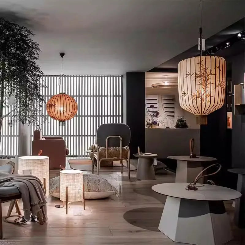 DecorBites™ Bamboo Lantern Pendant: Handmade Fabric Shade for Elegant Hotel and Restaurant Lighting
