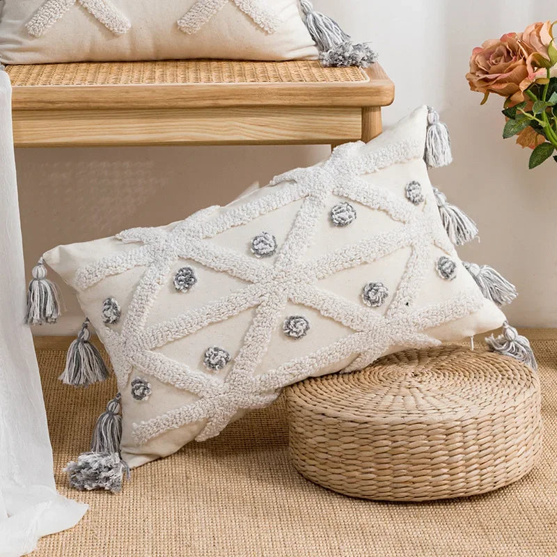 DecorBites™ Boho Loop Pillowcase - Grey Beige Tufted Cushion Cover for Home Decoration