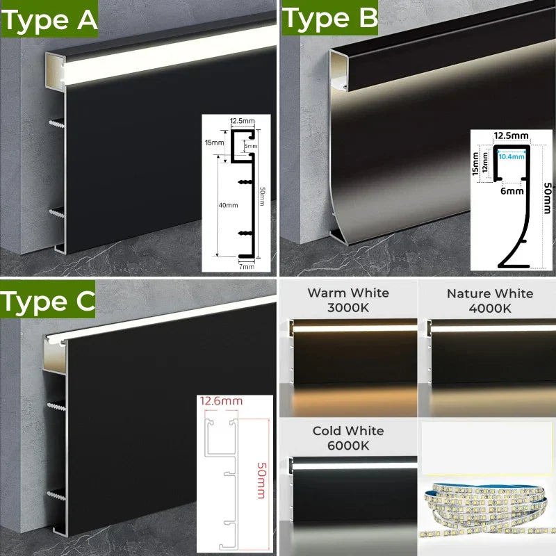 DecorBites™ 5cm LED Aluminium Profile Baseboard for Surface Mounted Linear Lighting