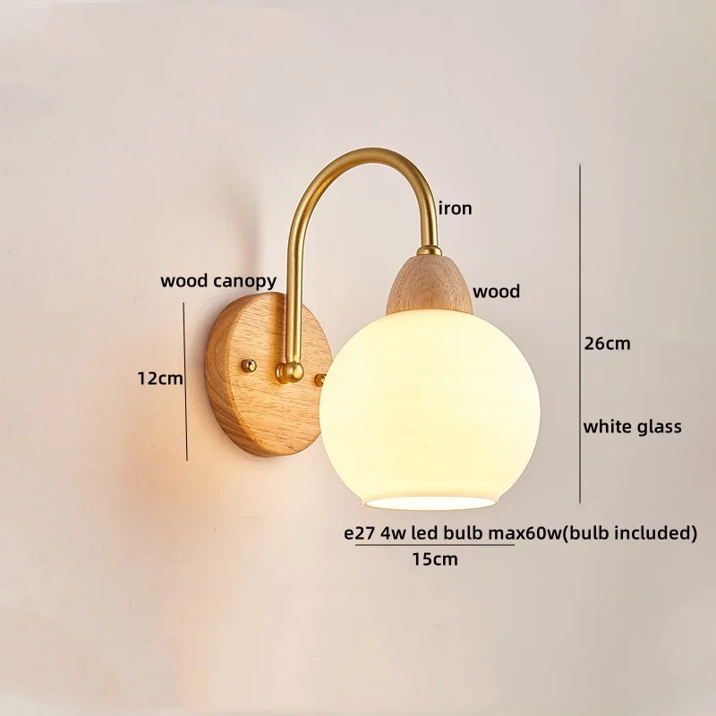 DecorBites™ LED Glass Iron Wood Wall Light Fixture Modern Nordic Bedside Lamp