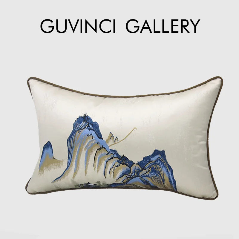 DecorBites™ Chinese Ancient Art Chinoiserie Landscape Embroidered Lumbar Pillow Cover