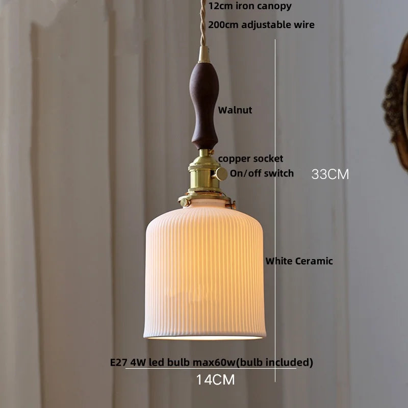 DecorBites™ Ceramic Knob Switch LED Pendant Lamp, Nordic Walnut Wood Hanging Light Fixtures for Living Room