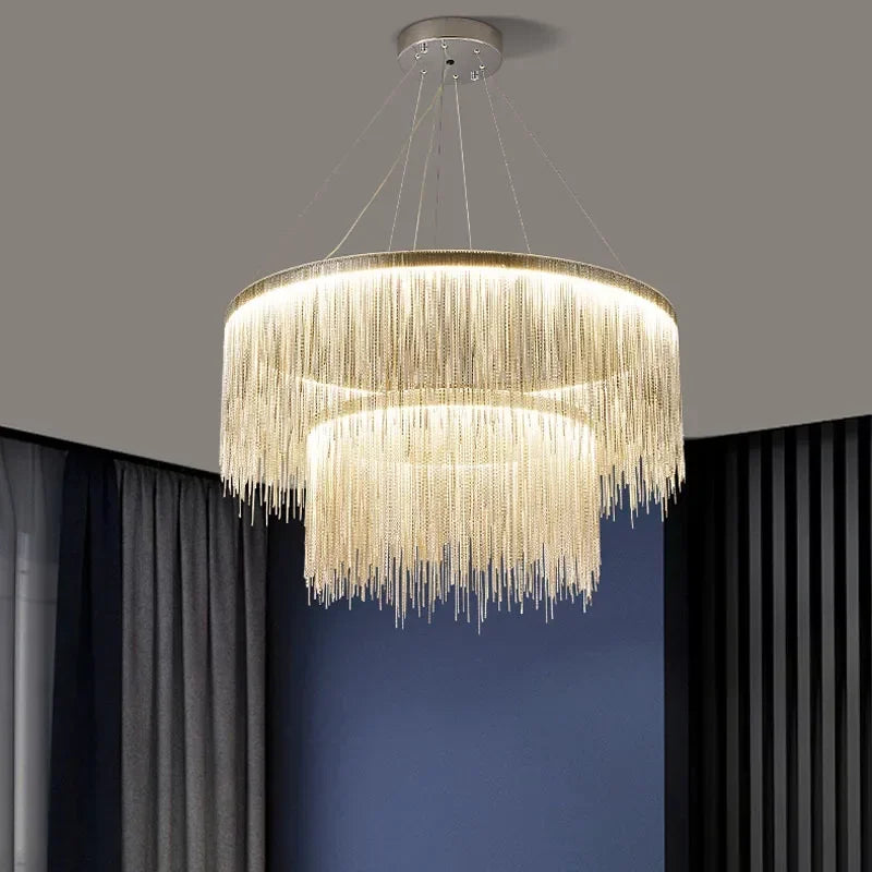 DecorBites™ LED Aluminum Tassel Chandelier: Modern Dimmable Light for Living Room, Hotel, Hall