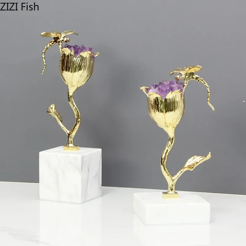 DecorBites™ Amethyst Flower Ornaments Gold-plated Dragonfly Decor Sculpture Room Decor