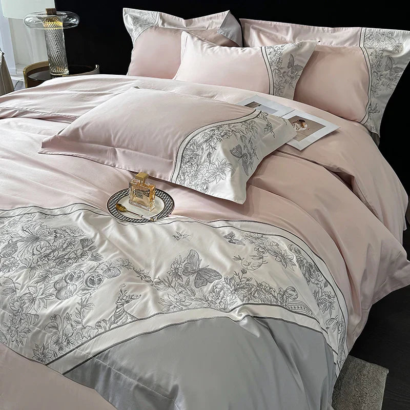 DecorBites™ Luxe Butterfly Flowers Embroidery Bedding Set with Duvet Cover Sheet Pillowcases 4Pcs