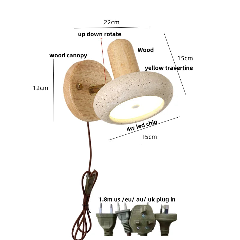 DecorBites™ LED Wall Sconce Pull Chain Switch Modern Wood Yellow Travertine Stair Light