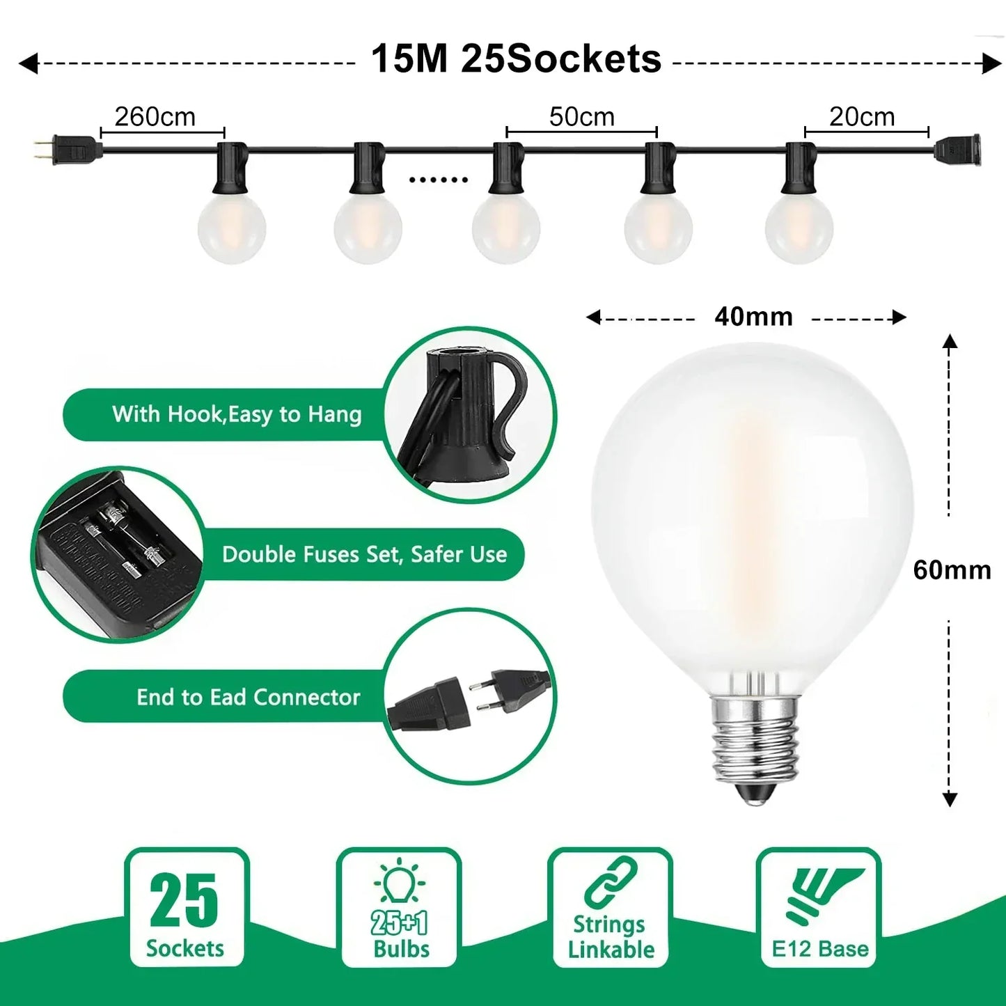 DecorBites™ LED Globe String Lights with E12 Base for Outdoor Patio Garland