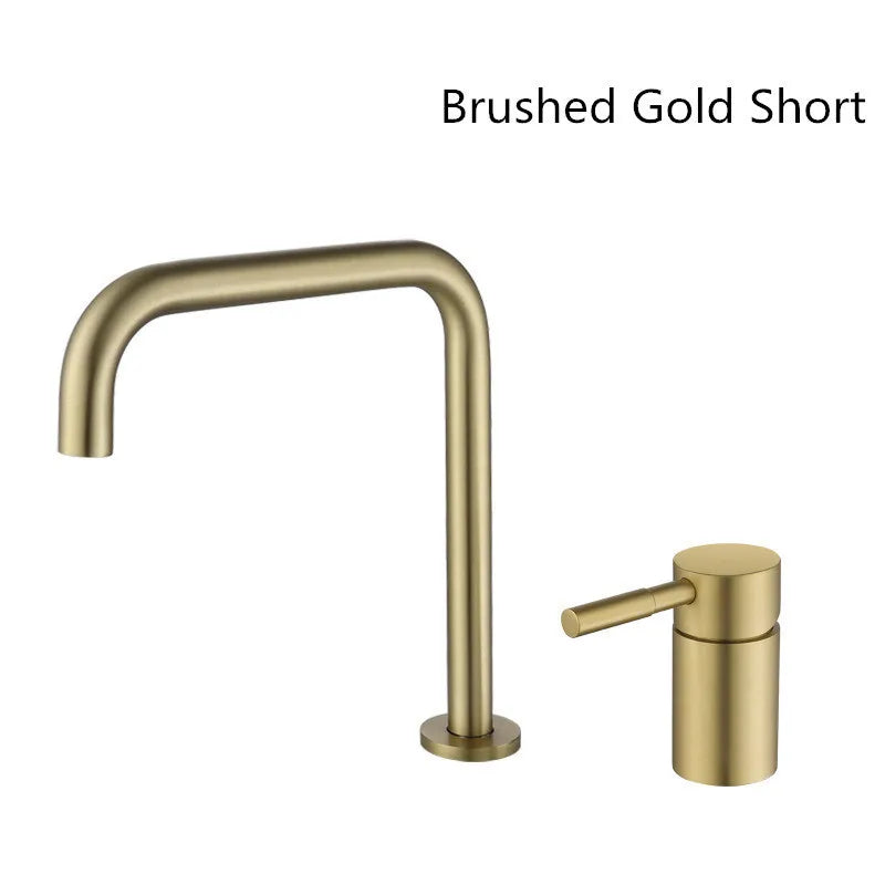 DecorBites™ Black Basin Faucet: Brushed Gold Two-Hole Bathroom Sink Tap with Rotating Spout