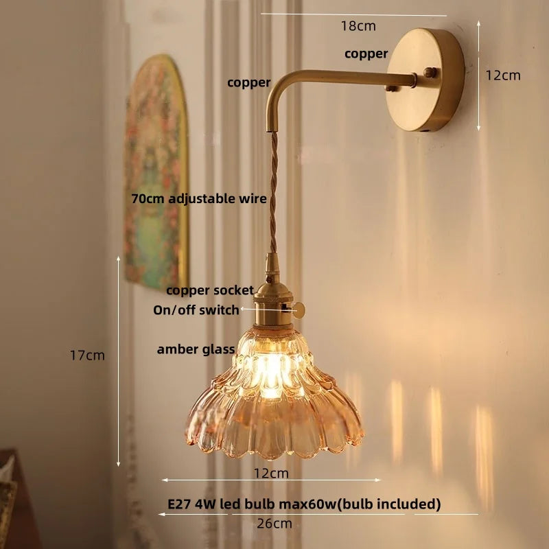 DecorBites™ Amber Glass LED Wall Sconce, Brass Finish, Adjustable Wire, Modern Nordic Style