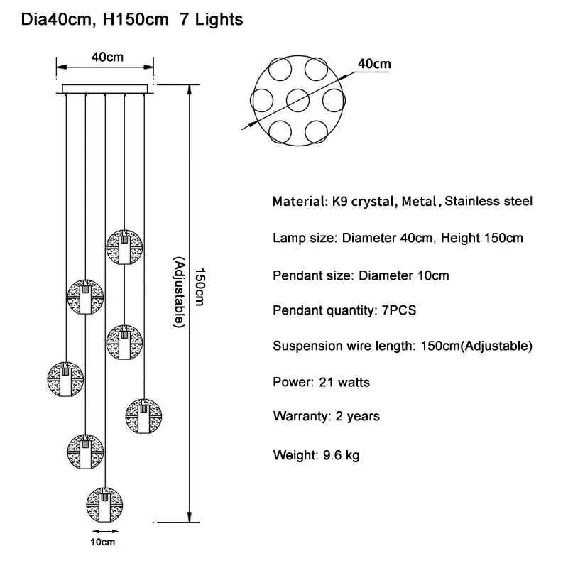 DecorBites™ Crystal Ball LED Chandelier Pendant Light for Living Room Kitchen Stair Salon