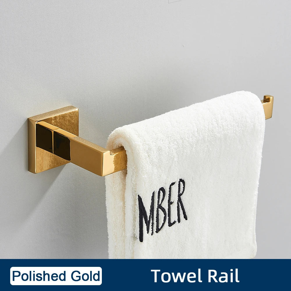 DecorBites™ Black Stainless Steel Bathroom Accessories Set: Towel Bar, Paper Holder, Hook & Bath Rack