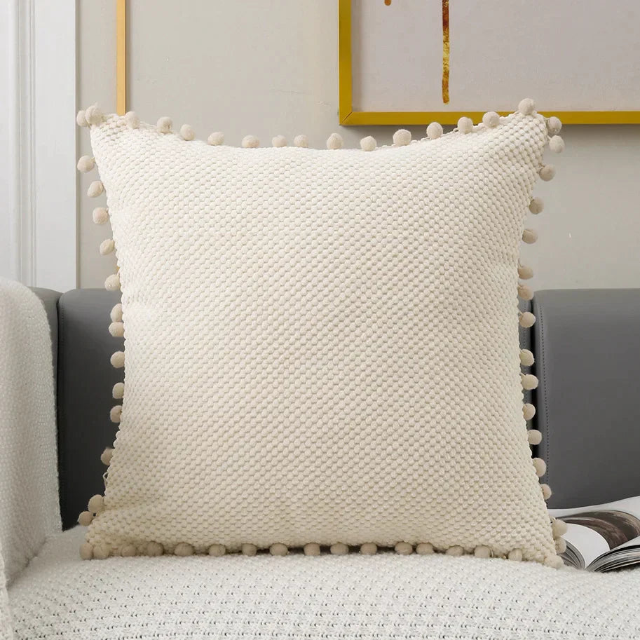 DecorBites™ Beige Pompom Decorative Pillow Cover Set - Premium Quality Home Sofa Decor