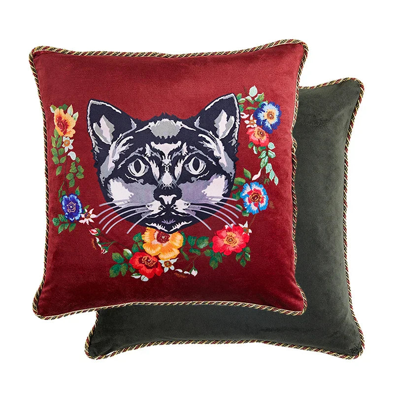 DecorBites™ Cat Print Velvet Throw Pillow Case Luxury Cushion Hand Made