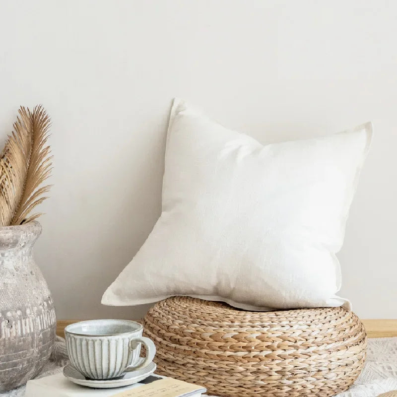 DecorBites™ Linen Pillow Cover 45x45cm with Fringe in Ivory/Dark Grey/Coffee for Home Decor